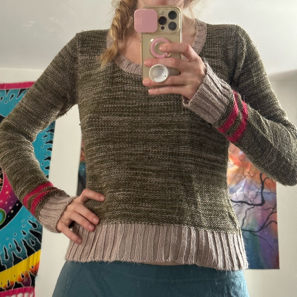 Energie Brand Knit Sweater Olive Green Hot Pink Size M Pullover